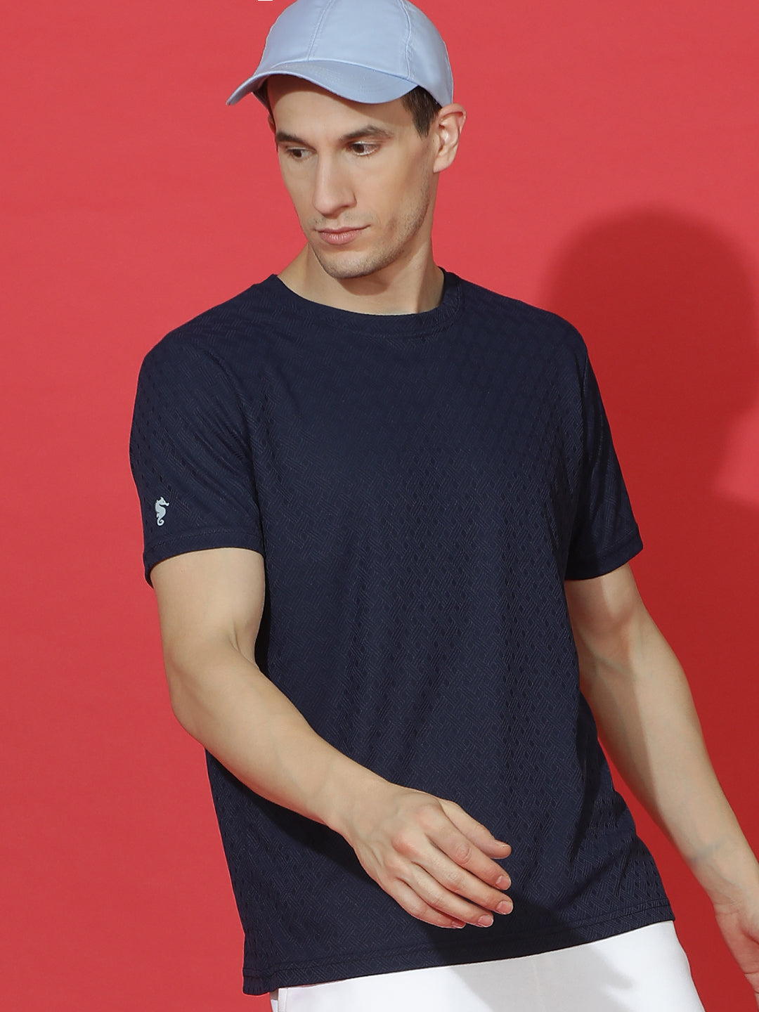Polyester Jacquard Textured Round Neck Slim Fit Half Sleeve T-Shirt