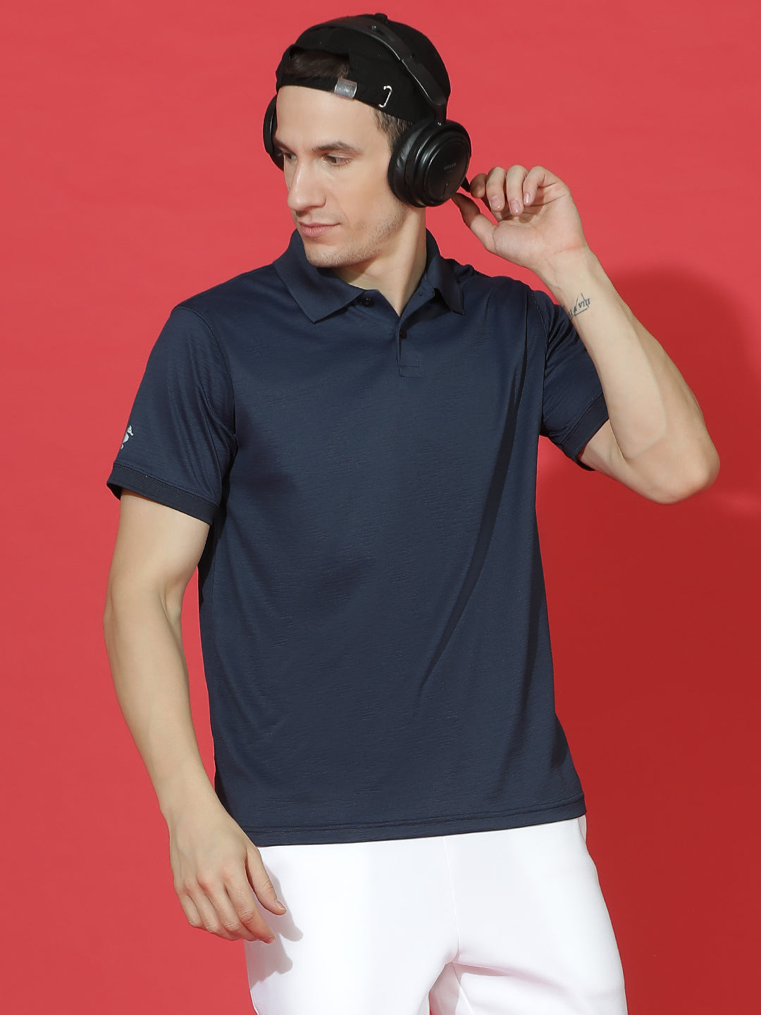 Polyester Lycra Jacquard Textured Polo Neck Half Sleeve T-Shirt