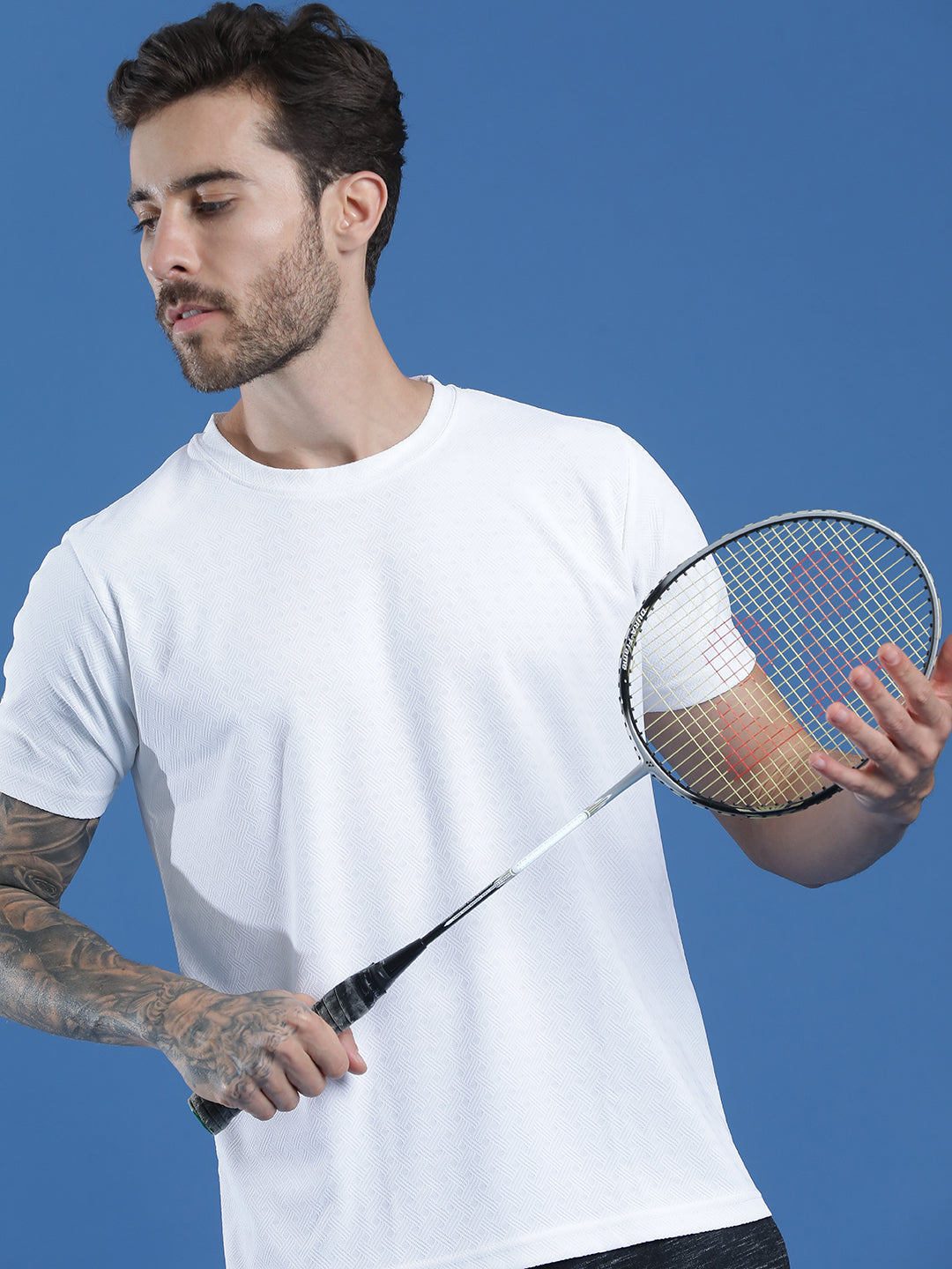 Polyester Jacquard Textured Round Neck Slim Fit Half Sleeve T-Shirt