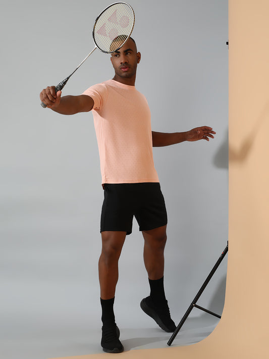 Polyester Jacquard Textured Round Neck Slim Fit Half Sleeve T-Shirt