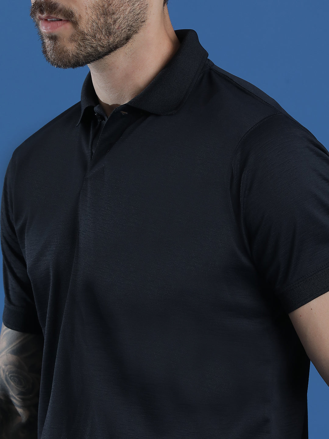 Polyester Lycra Jacquard Textured Polo Neck Half Sleeve T-Shirt