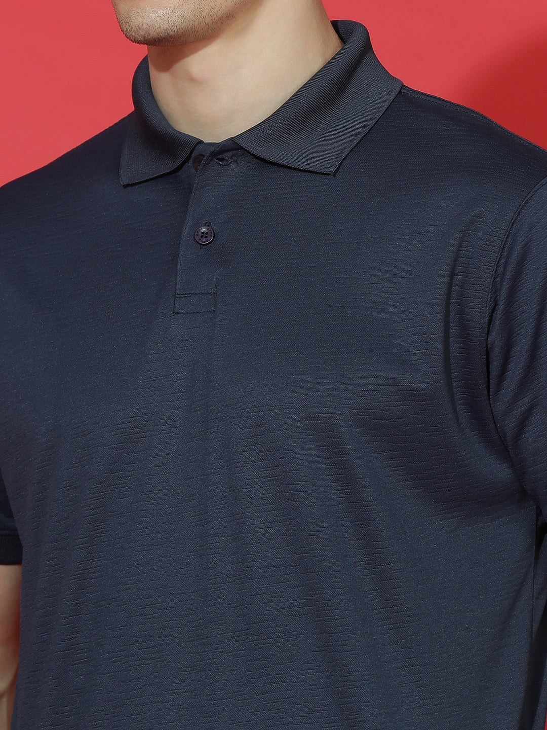 Polyester Lycra Jacquard Textured Polo Neck Half Sleeve T-Shirt