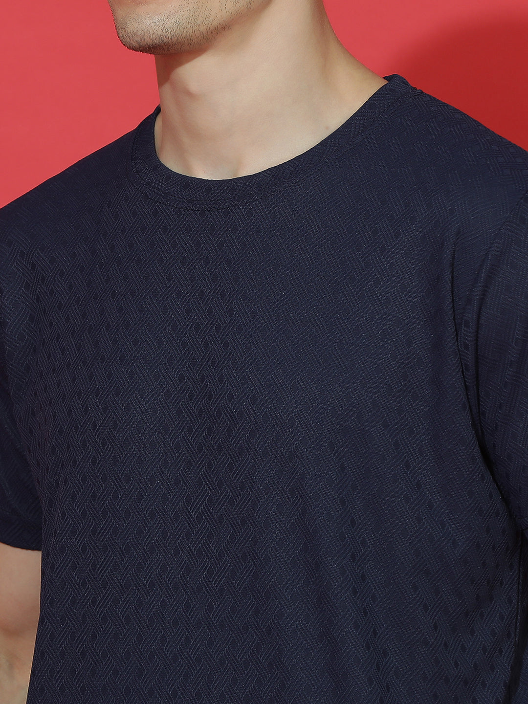 Polyester Jacquard Textured Round Neck Slim Fit Half Sleeve T-Shirt