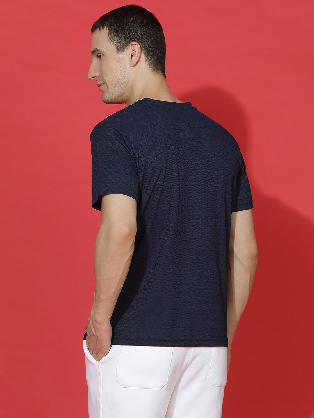 Polyester Jacquard Textured Round Neck Slim Fit Half Sleeve T-Shirt