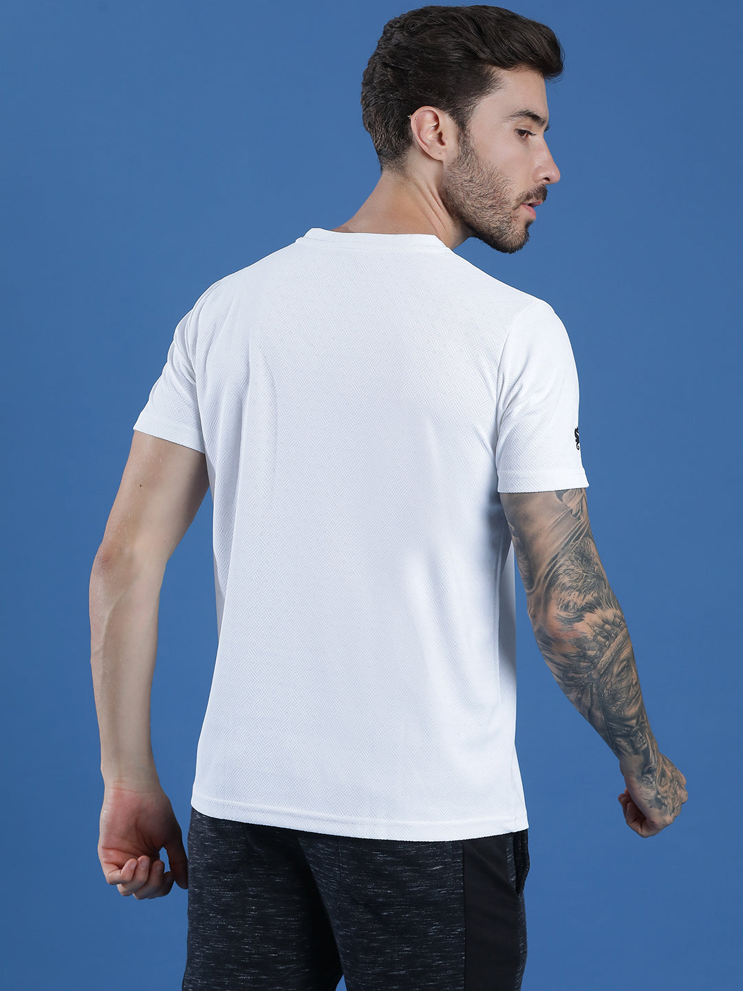 Polyester Jacquard Textured Round Neck Slim Fit Half Sleeve T-Shirt