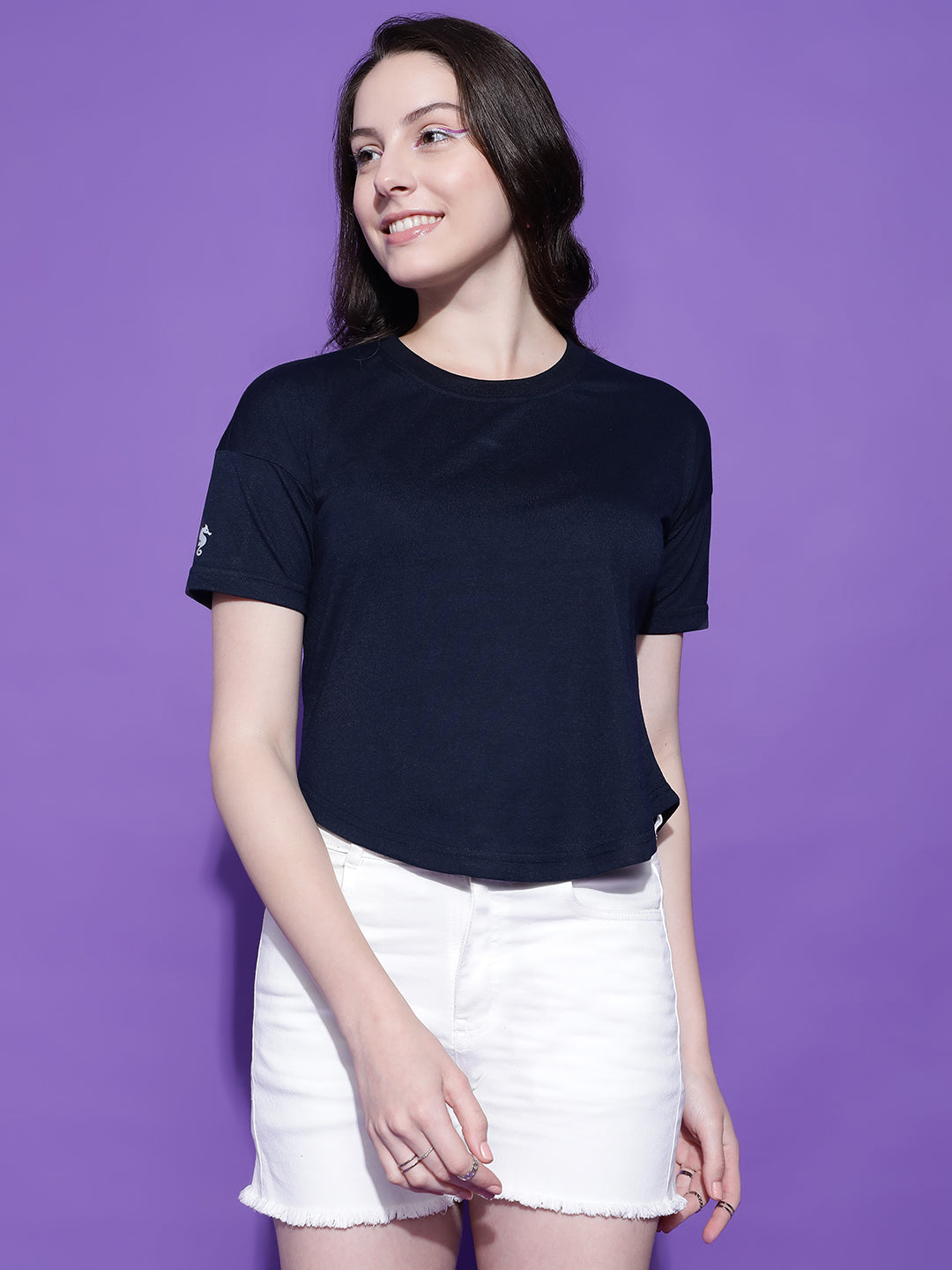 Round Neck Drop Shoulder Crop Top Half Sleeves T-shirt