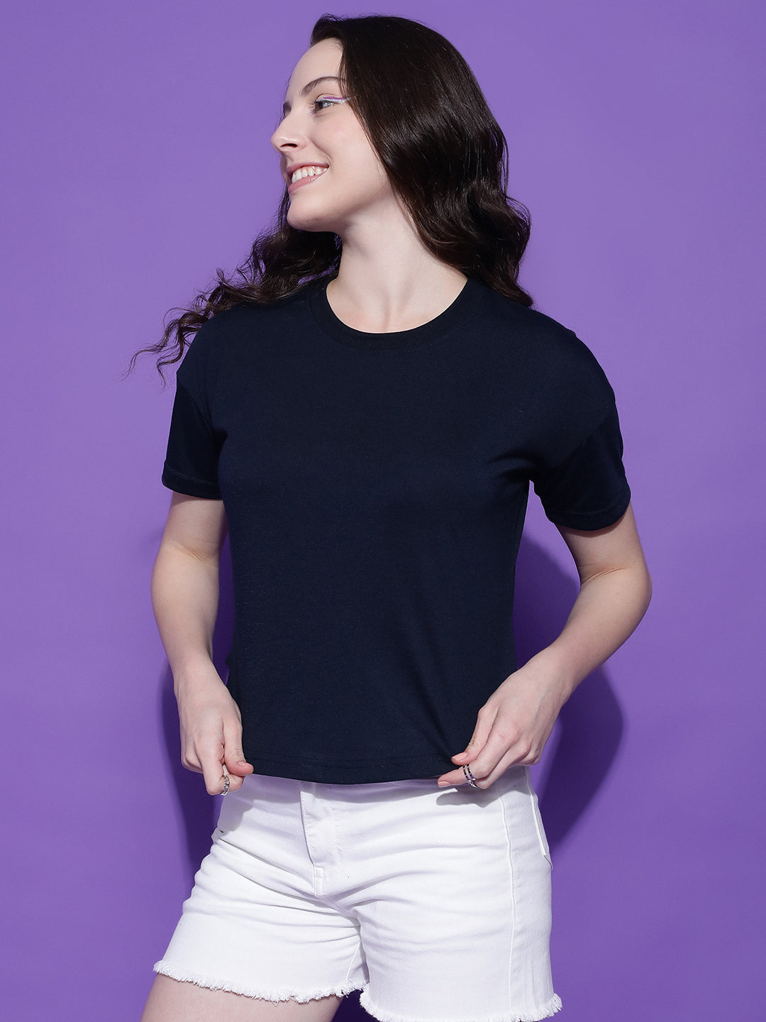 Round Neck Drop Shoulder Crop Top Half Sleeves T-shirt