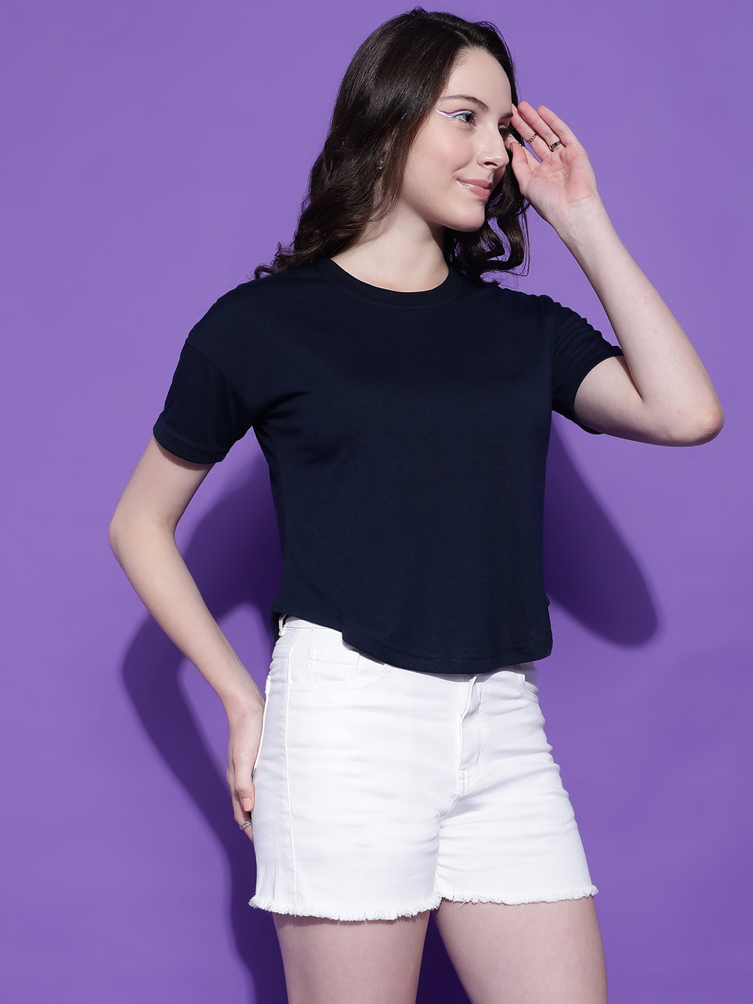 Round Neck Drop Shoulder Crop Top Half Sleeves T-shirt