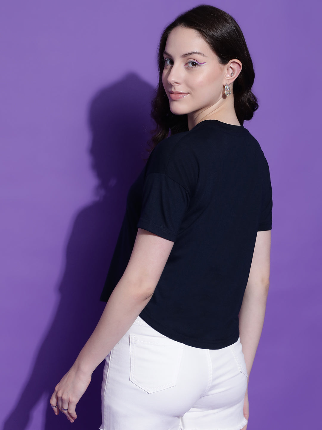 Round Neck Drop Shoulder Crop Top Half Sleeves T-shirt