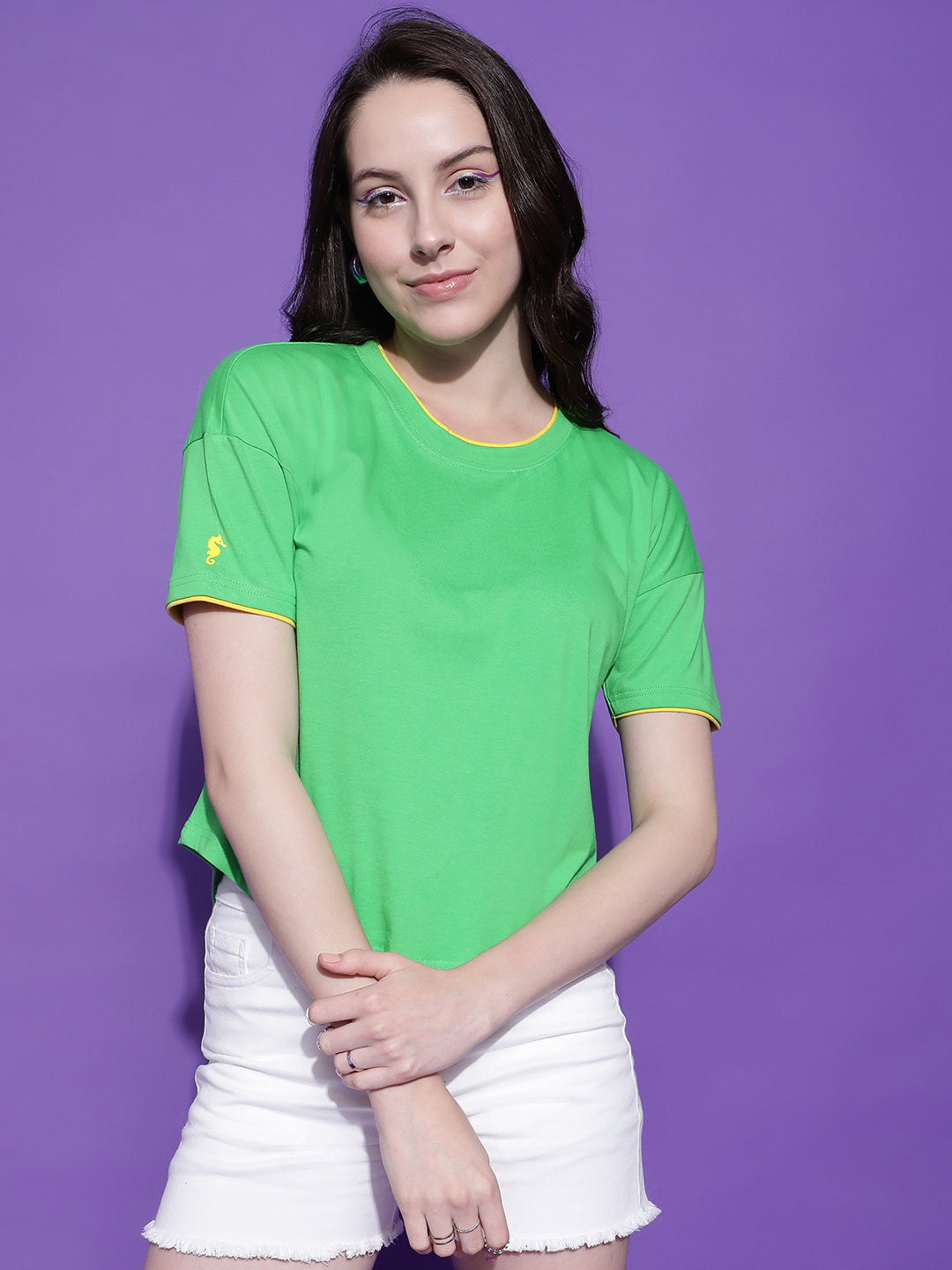 Round Neck Drop Shoulder Crop Top Half Sleeves T-shirt