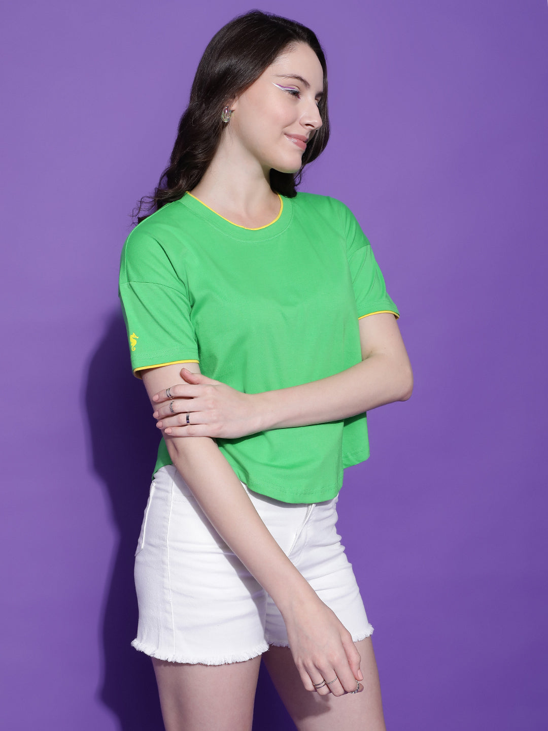 Round Neck Drop Shoulder Crop Top Half Sleeves T-shirt