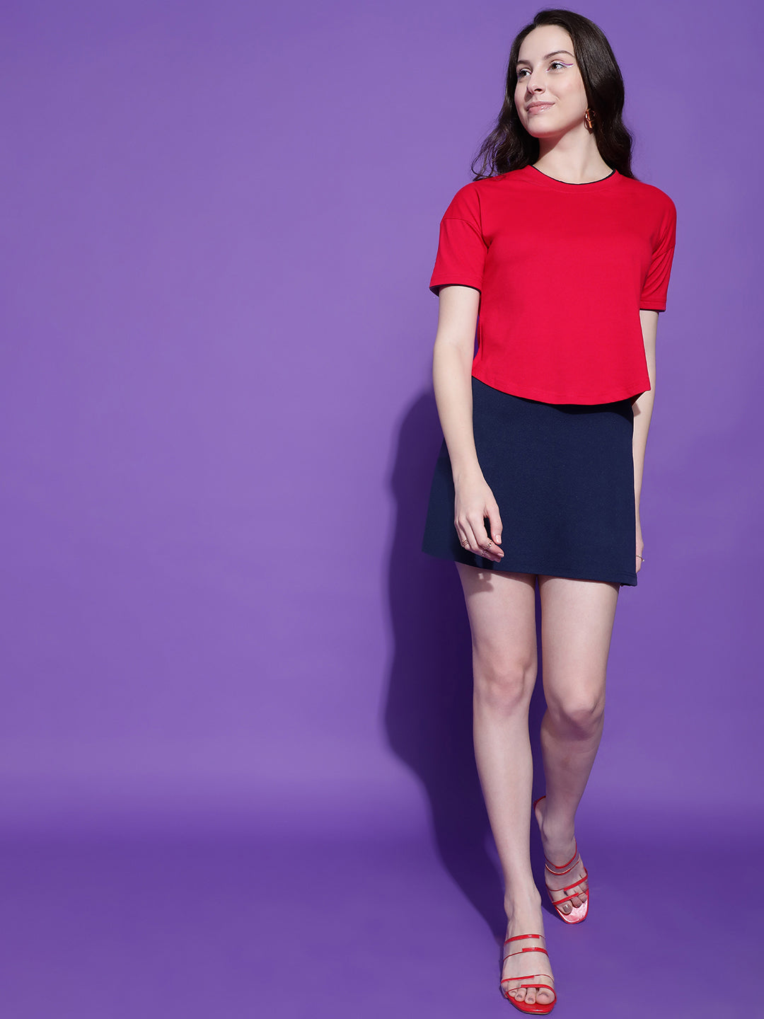 Round Neck Drop Shoulder Crop Top Half Sleeves T-shirt