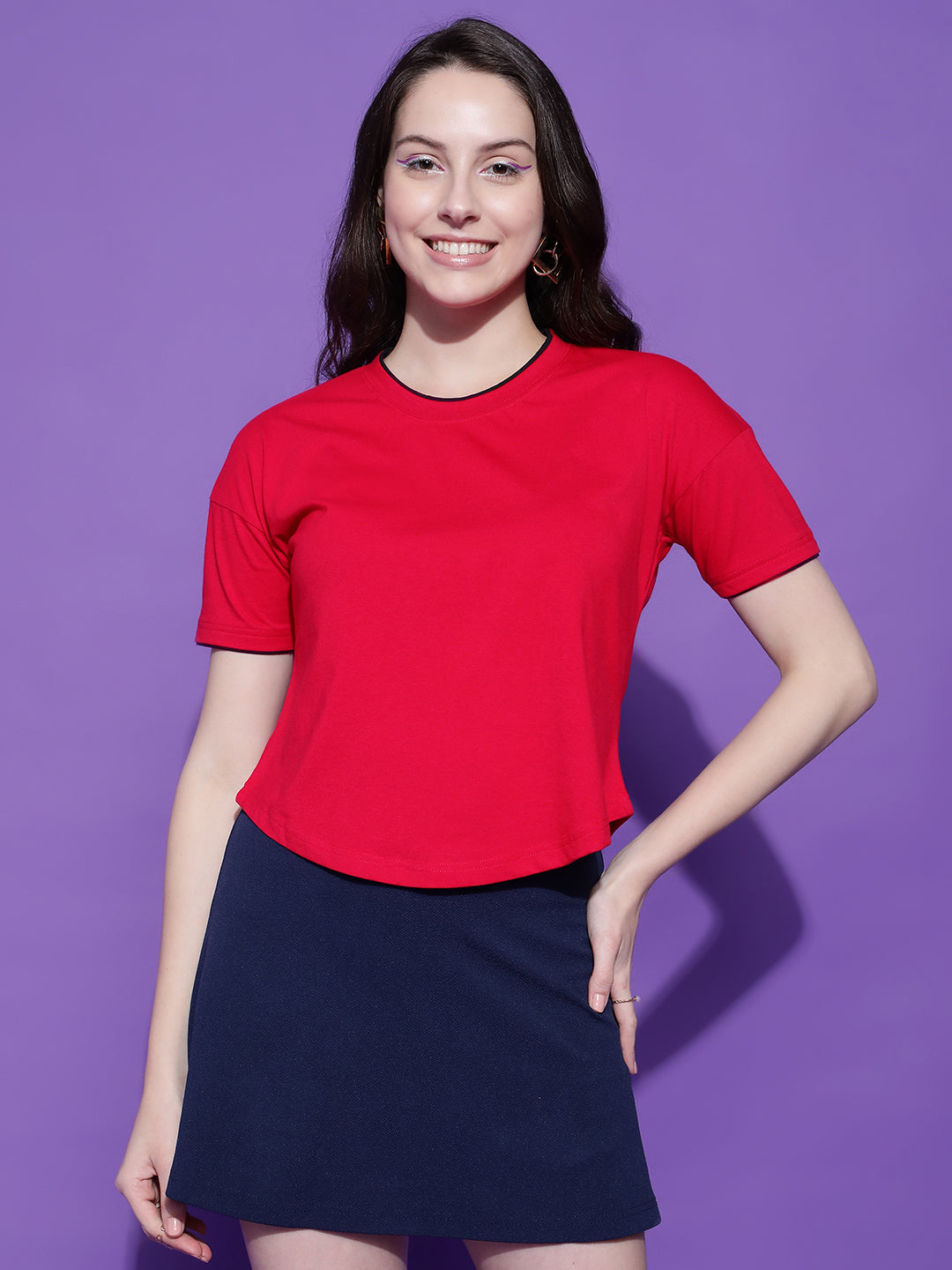 Round Neck Drop Shoulder Crop Top Half Sleeves T-shirt