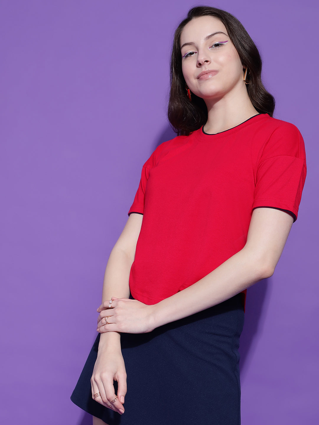 Round Neck Drop Shoulder Crop Top Half Sleeves T-shirt