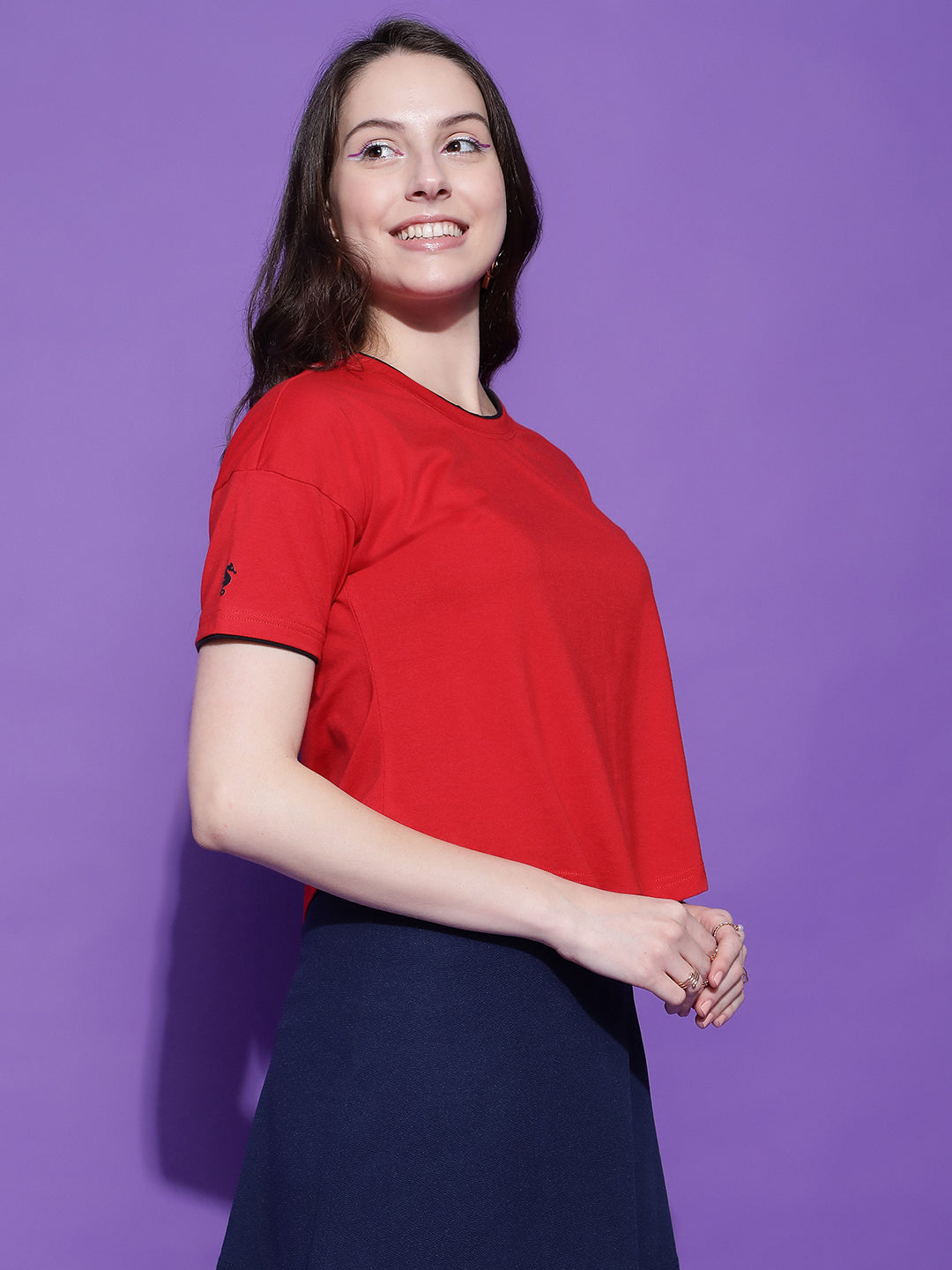 Round Neck Drop Shoulder Crop Top Half Sleeves T-shirt