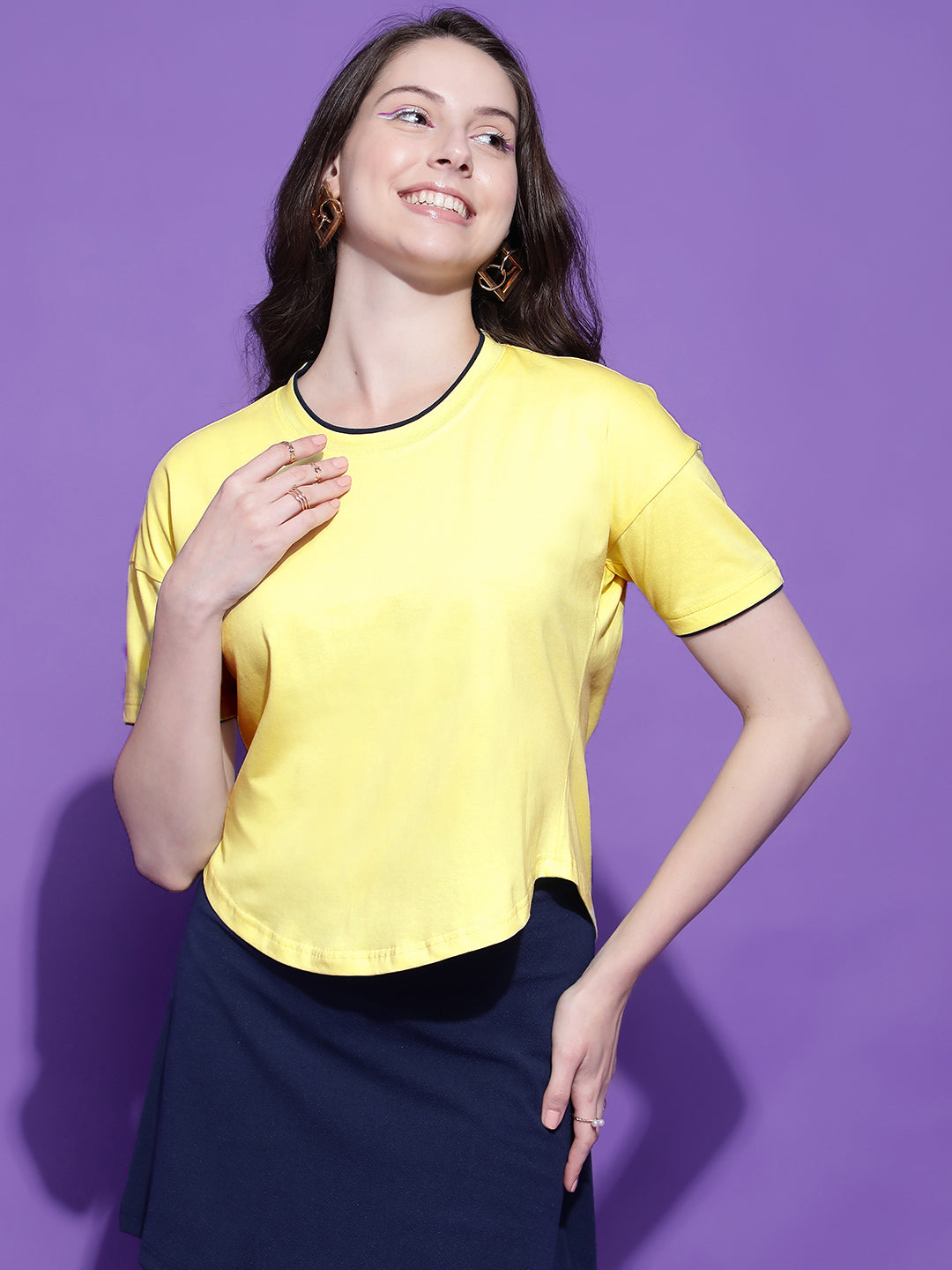 Round Neck Drop Shoulder Crop Top Half Sleeves T-shirt