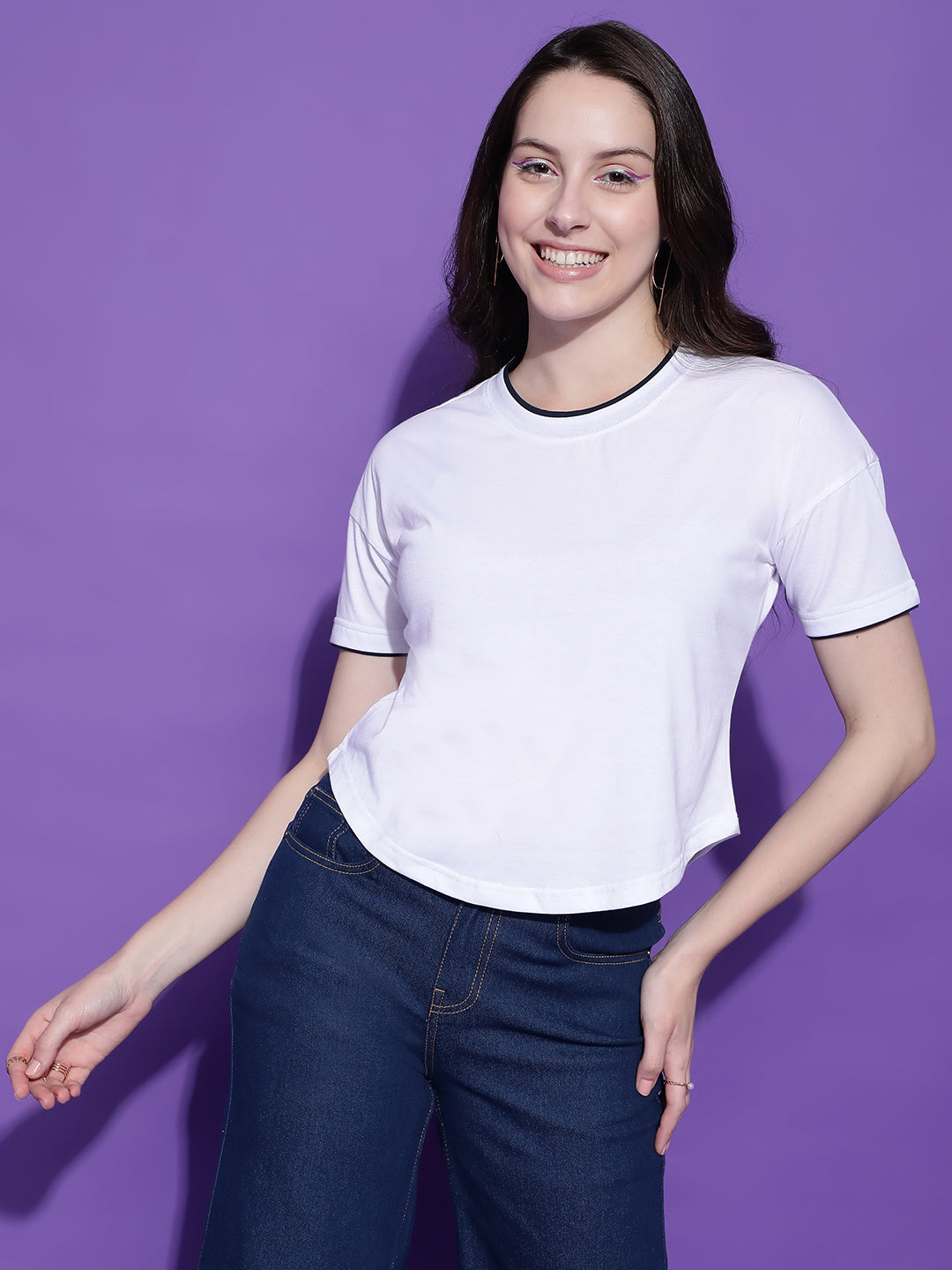 Round Neck Drop Shoulder Crop Top Half Sleeves T-shirt