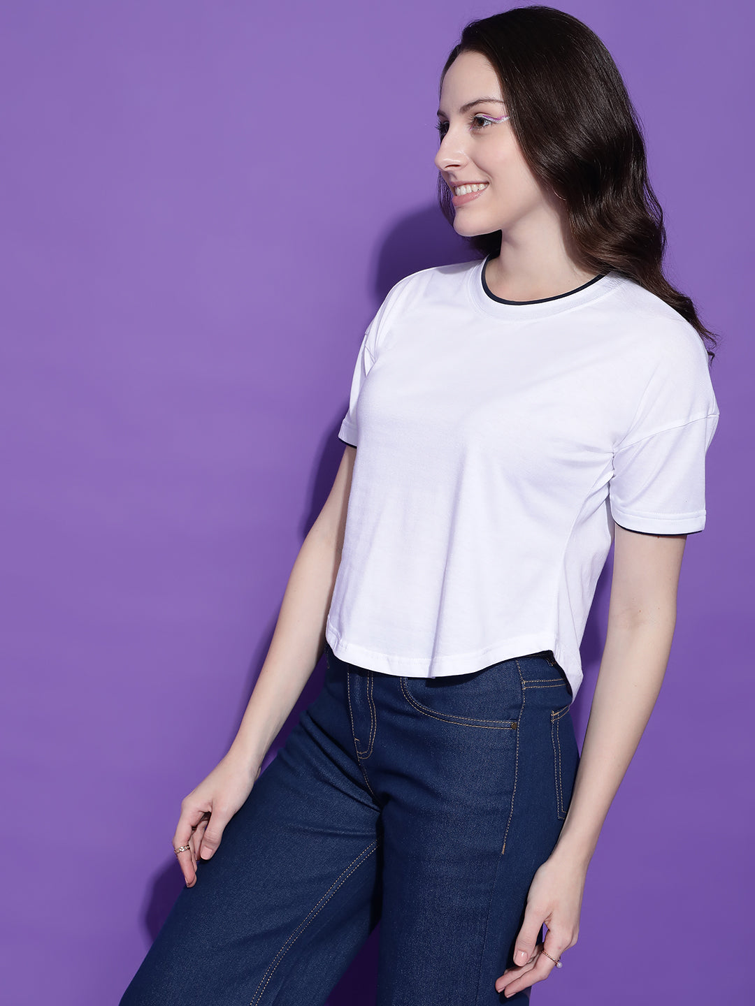 Round Neck Drop Shoulder Crop Top Half Sleeves T-shirt