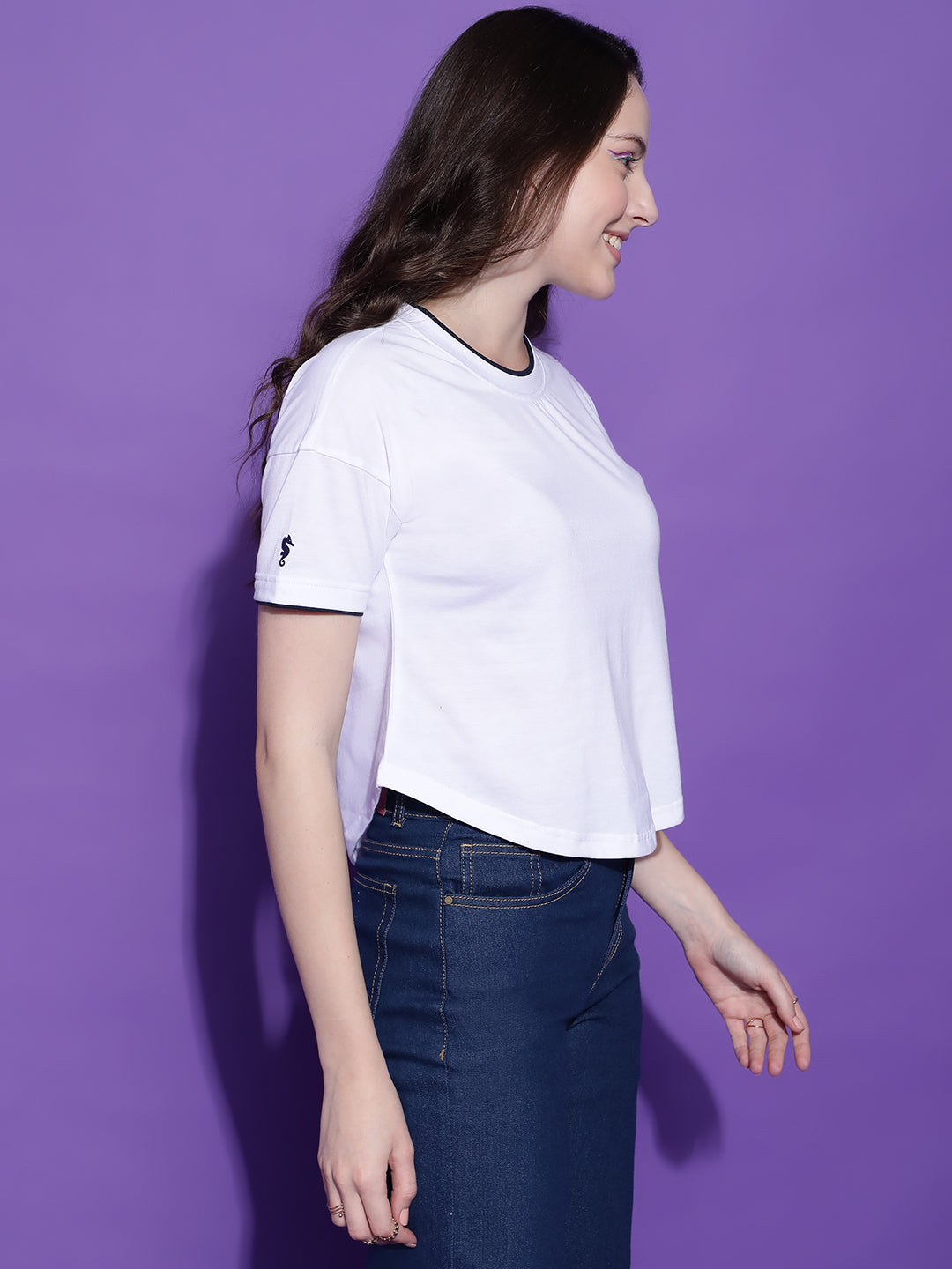 Round Neck Drop Shoulder Crop Top Half Sleeves T-shirt