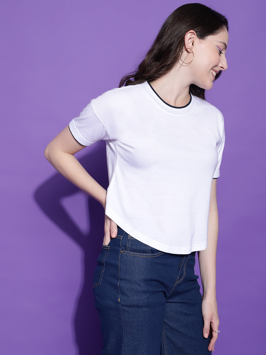 Round Neck Drop Shoulder Crop Top Half Sleeves T-shirt