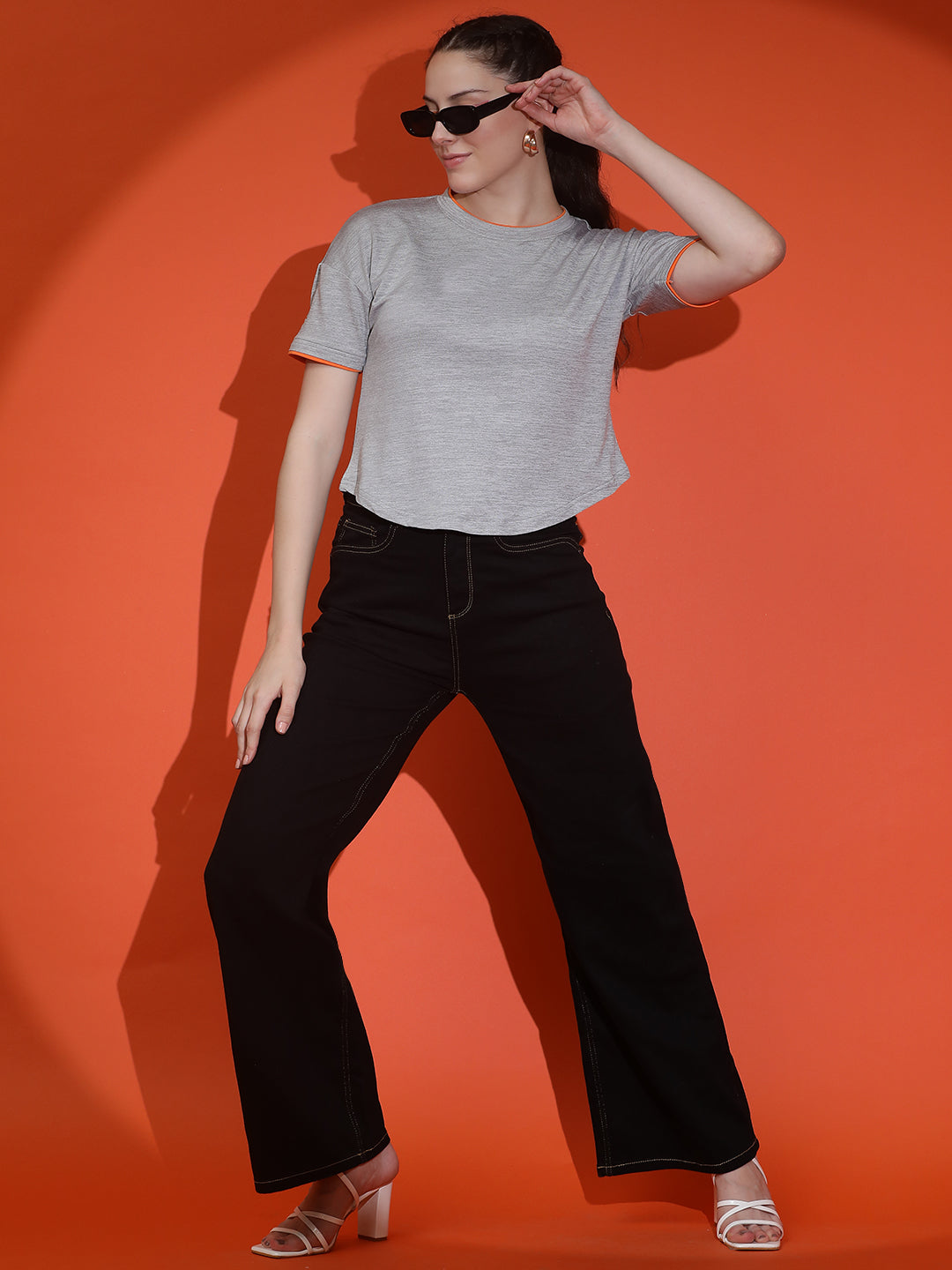 Round Neck Drop Shoulder Crop Top Half Sleeves T-shirt