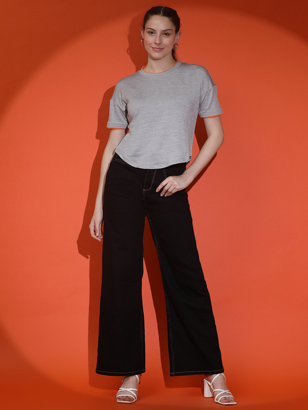 Round Neck Drop Shoulder Crop Top Half Sleeves T-shirt