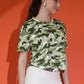 Camouflage Print Round Neck Crop Top Loose Fit T-Shirt