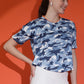 Camouflage Print Round Neck Crop Top Loose Fit T-Shirt