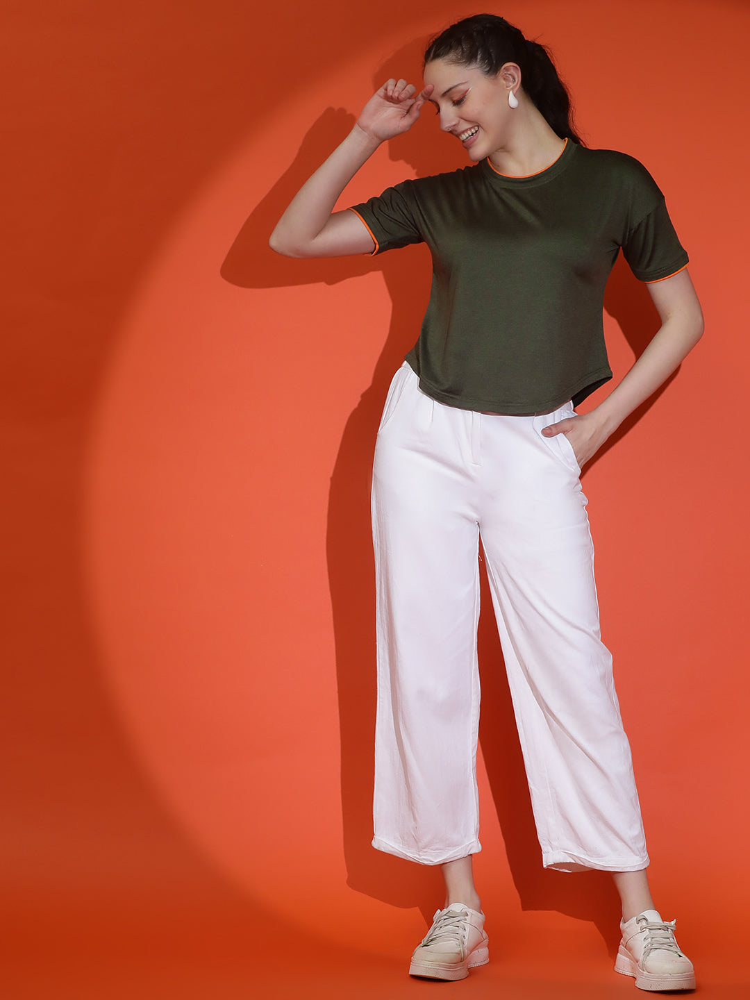 Round Neck Drop Shoulder Crop Top Half Sleeves T-shirt