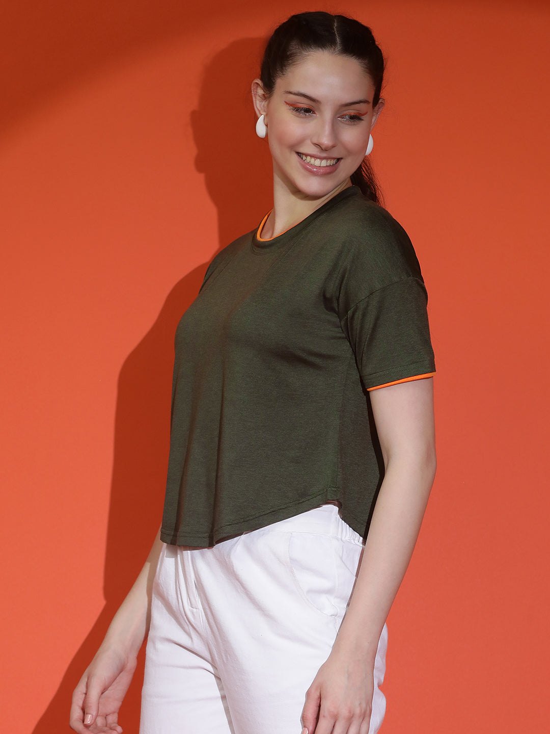 Round Neck Drop Shoulder Crop Top Half Sleeves T-shirt