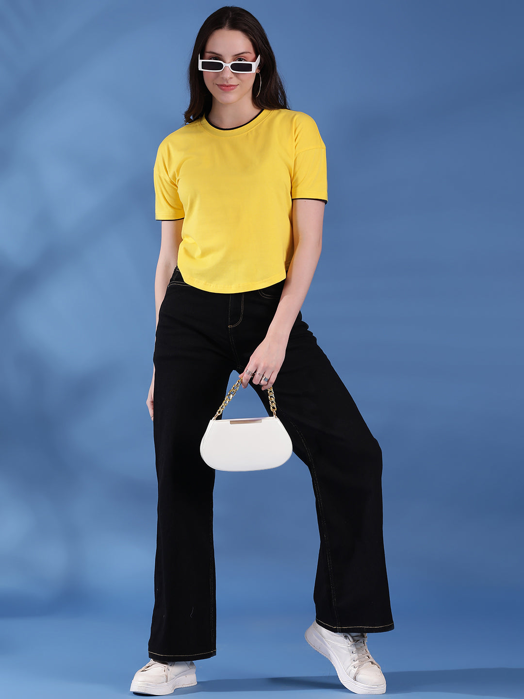 Round Neck Drop Shoulder Crop Top Half Sleeves T-shirt