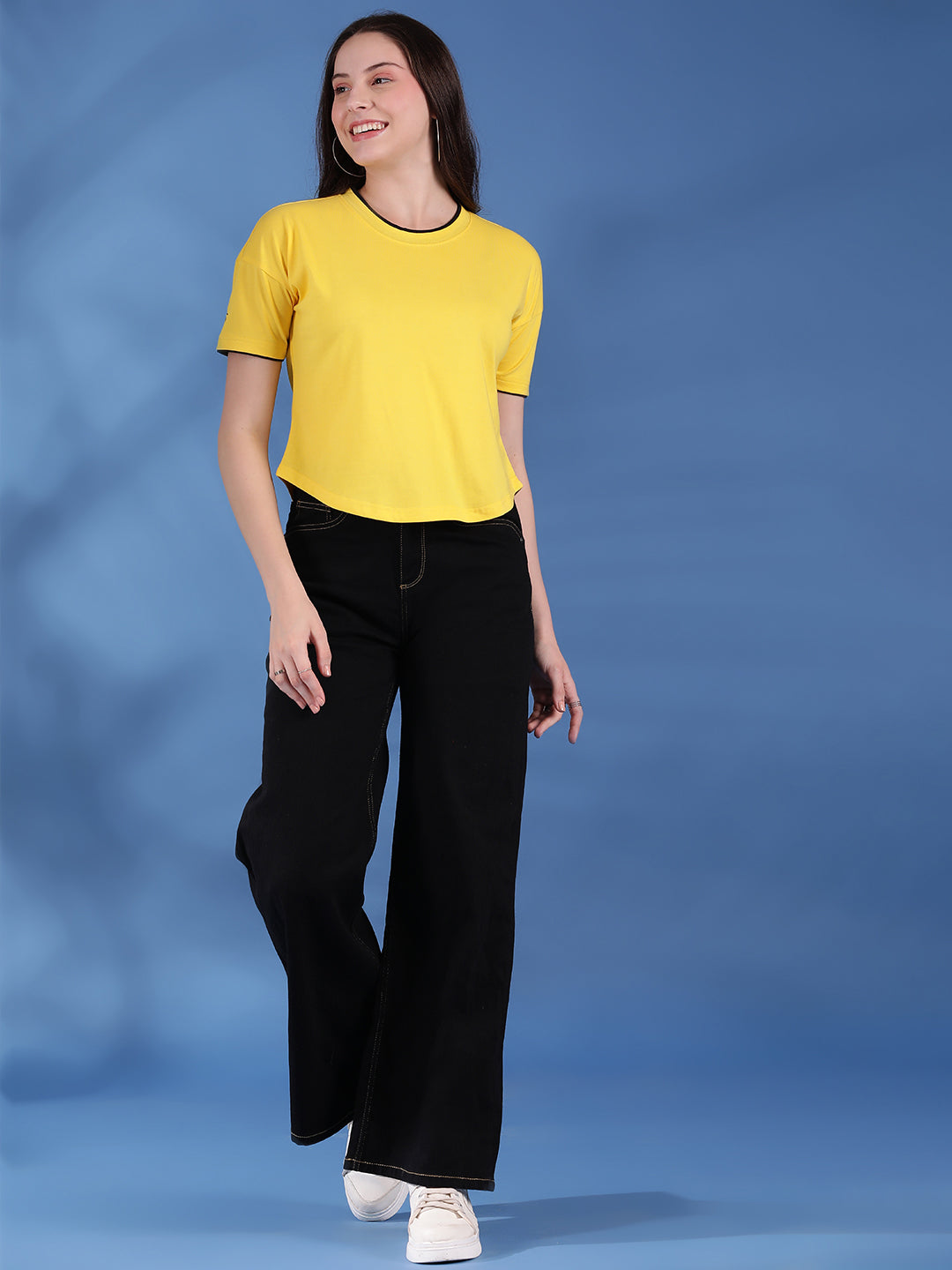 Round Neck Drop Shoulder Crop Top Half Sleeves T-shirt