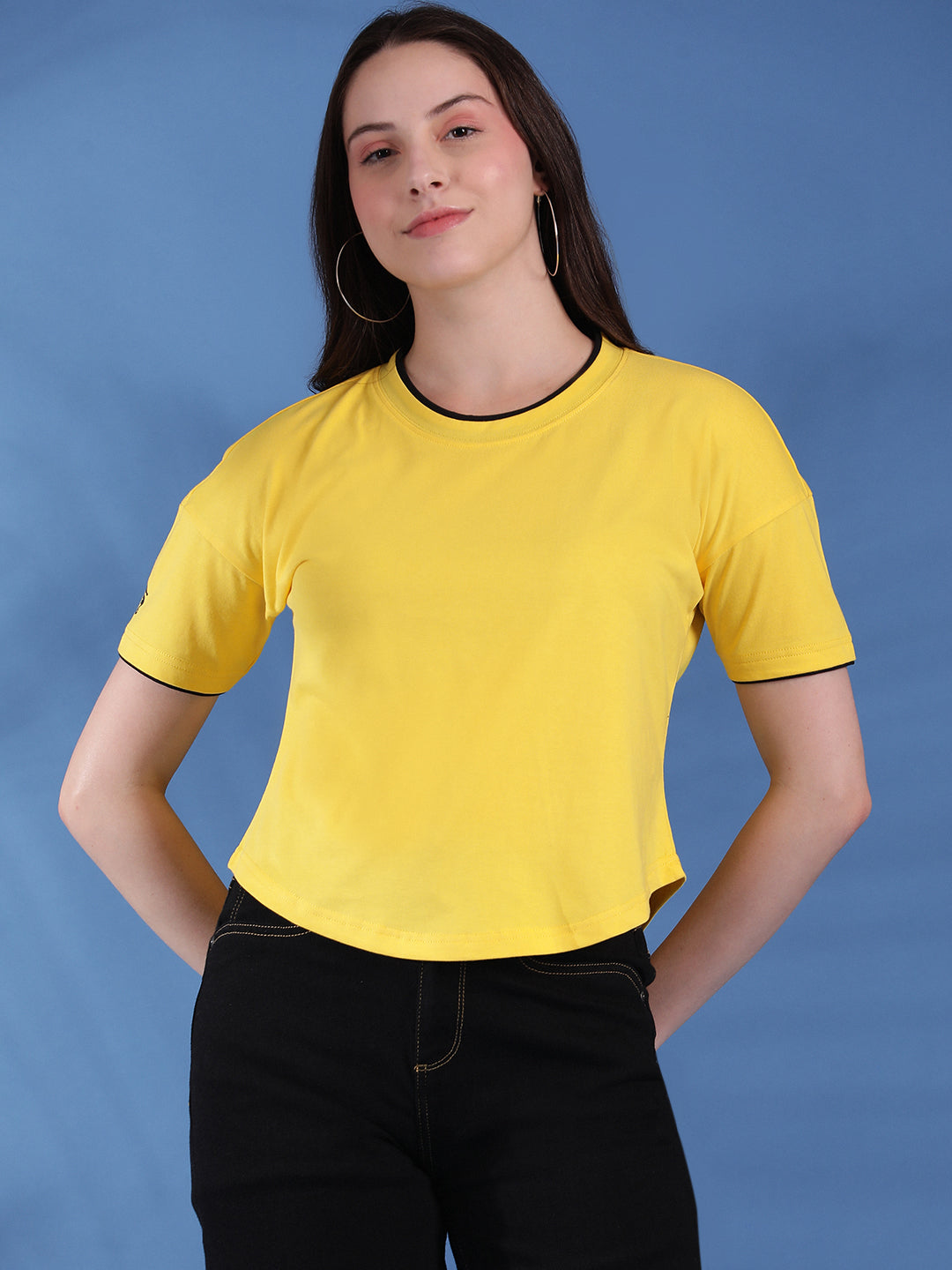 Round Neck Drop Shoulder Crop Top Half Sleeves T-shirt