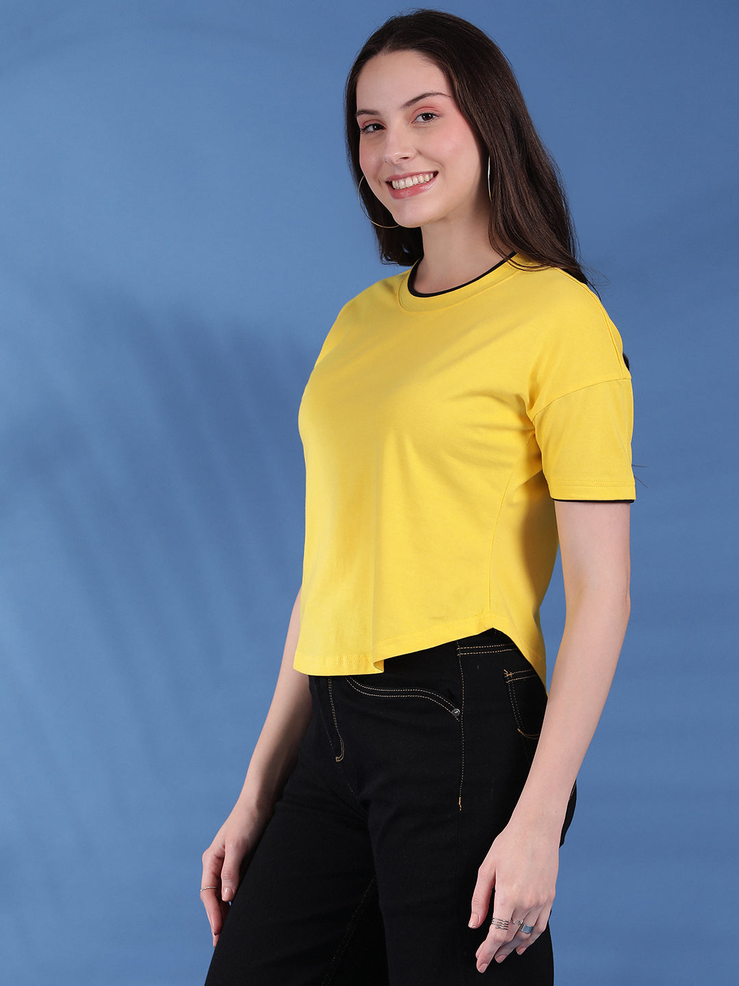 Round Neck Drop Shoulder Crop Top Half Sleeves T-shirt