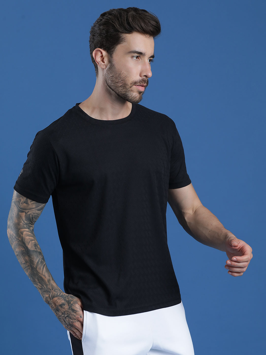 Polyester Jacquard Textured Round Neck Slim Fit Half Sleeve T-Shirt