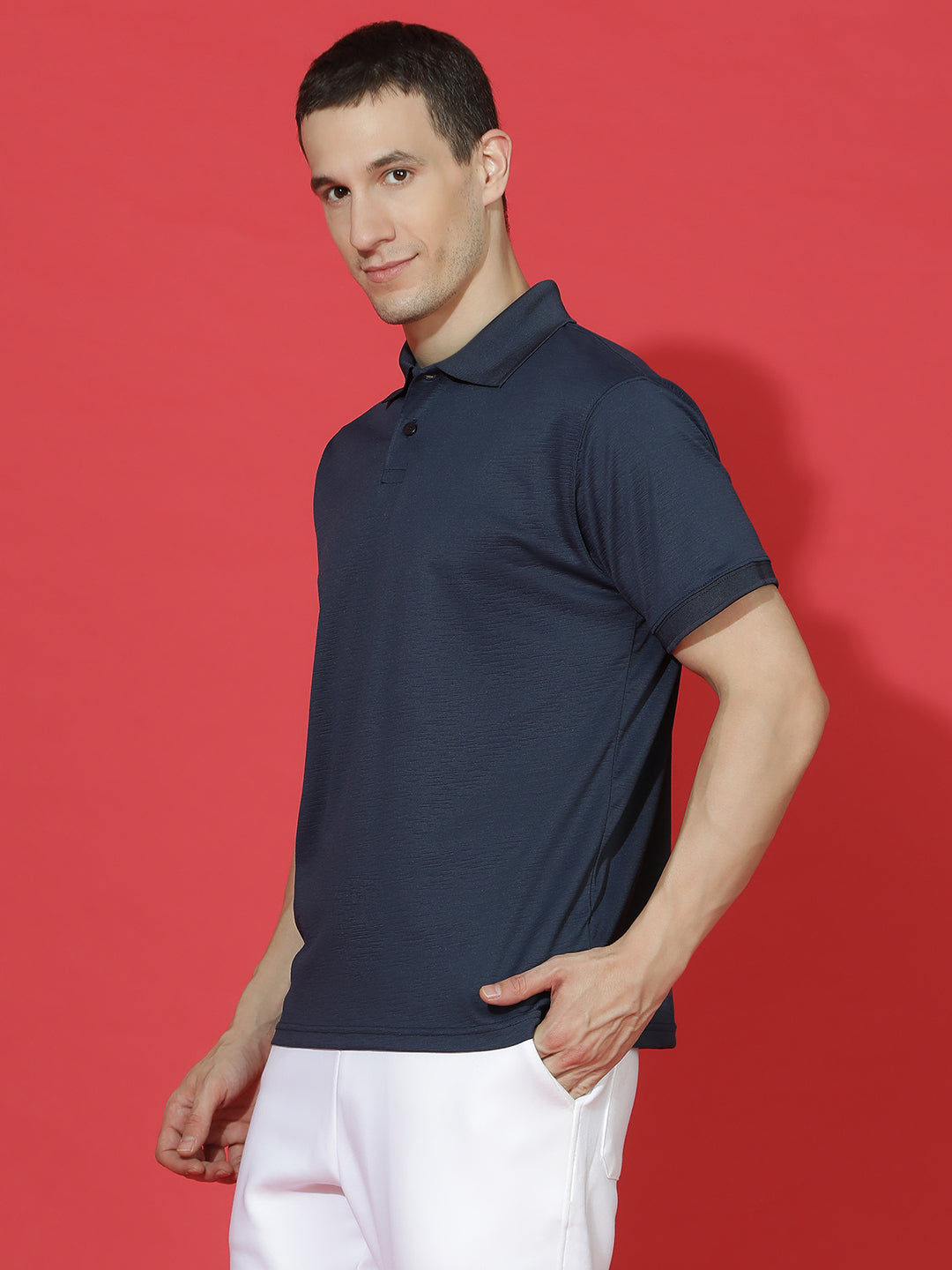 Polyester Lycra Jacquard Textured Polo Neck Half Sleeve T-Shirt