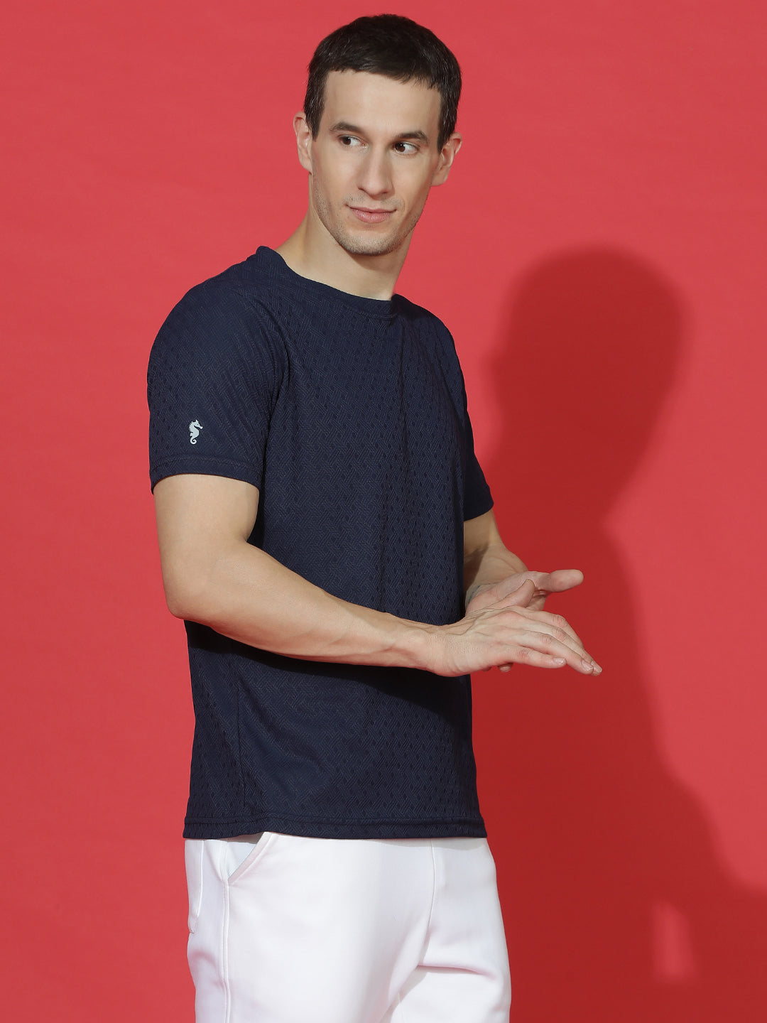 Polyester Jacquard Textured Round Neck Slim Fit Half Sleeve T-Shirt