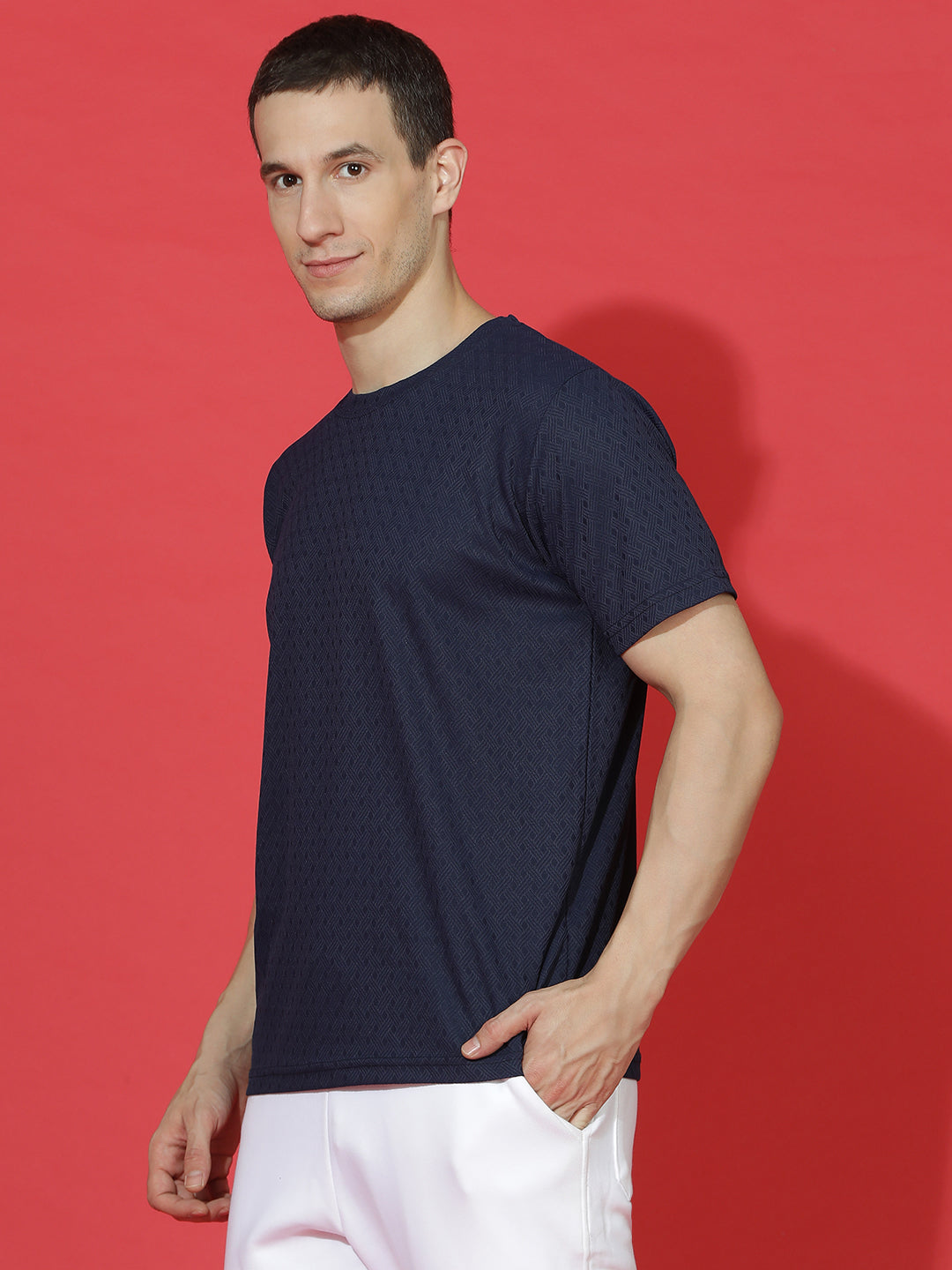 Polyester Jacquard Textured Round Neck Slim Fit Half Sleeve T-Shirt