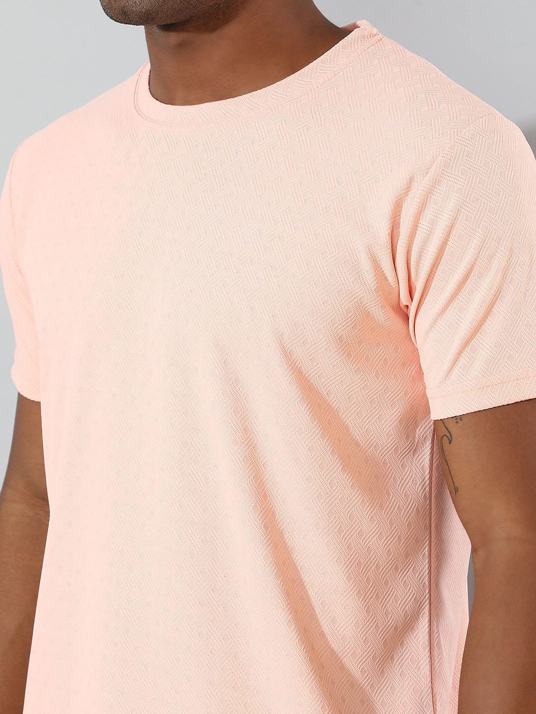 Polyester Jacquard Textured Round Neck Slim Fit Half Sleeve T-Shirt