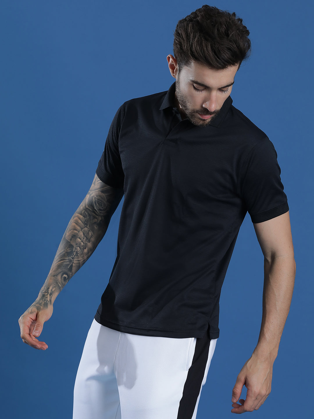 Polyester Lycra Jacquard Textured Polo Neck Half Sleeve T-Shirt