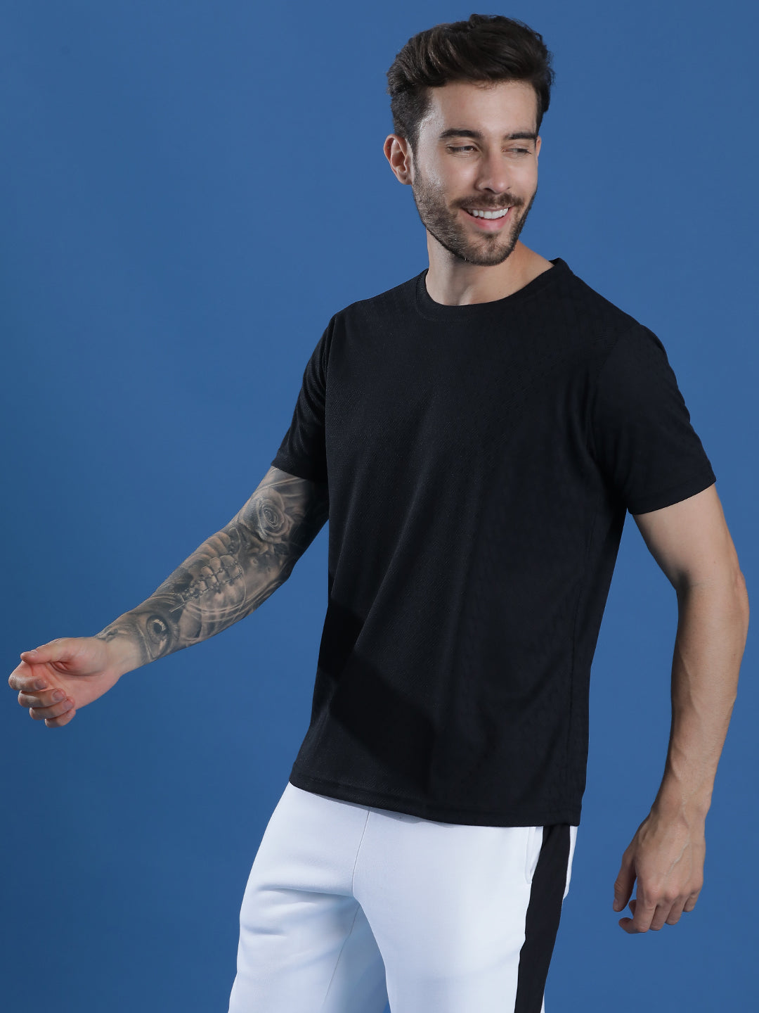 Polyester Jacquard Textured Round Neck Slim Fit Half Sleeve T-Shirt
