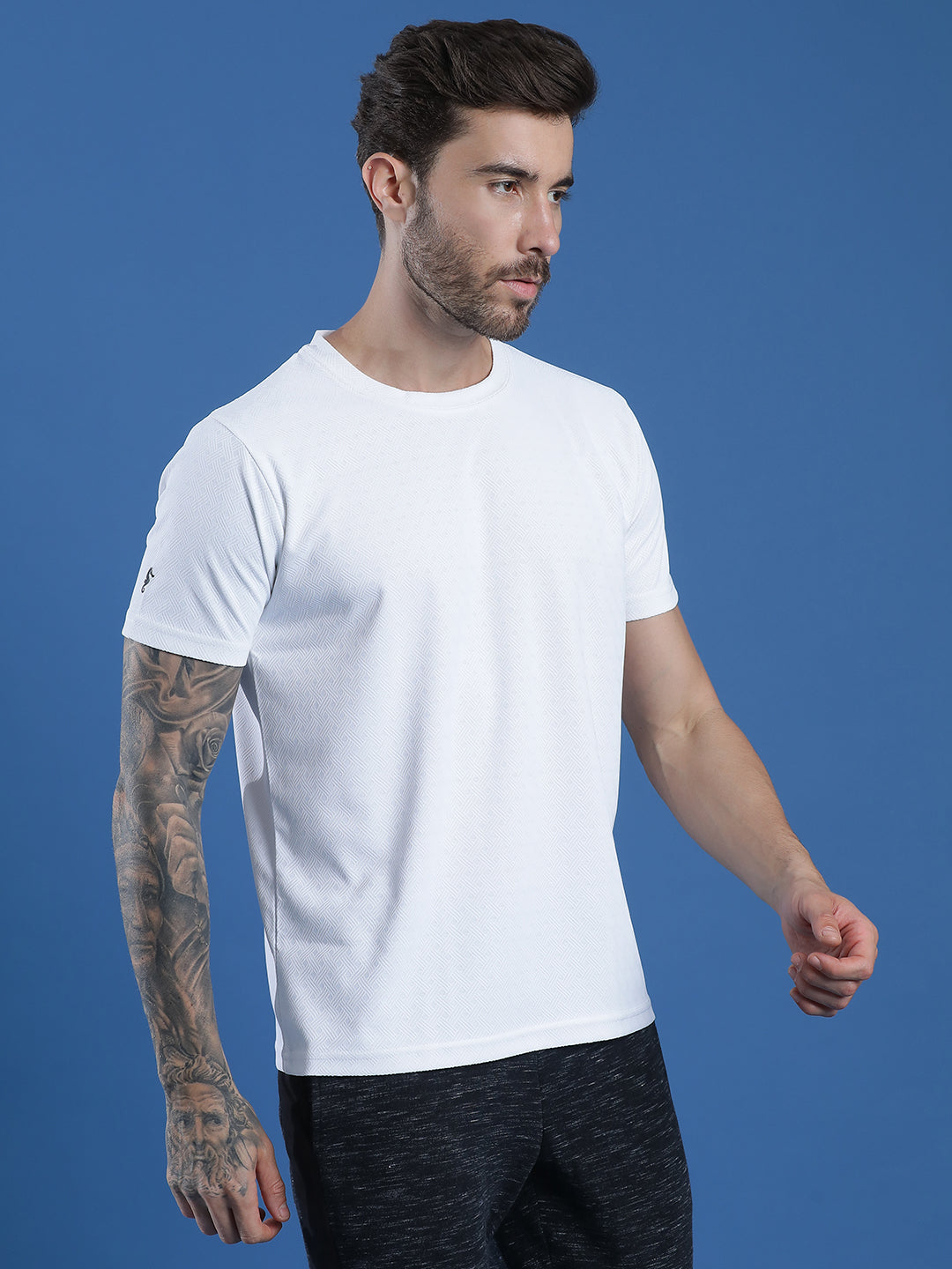 Polyester Jacquard Textured Round Neck Slim Fit Half Sleeve T-Shirt