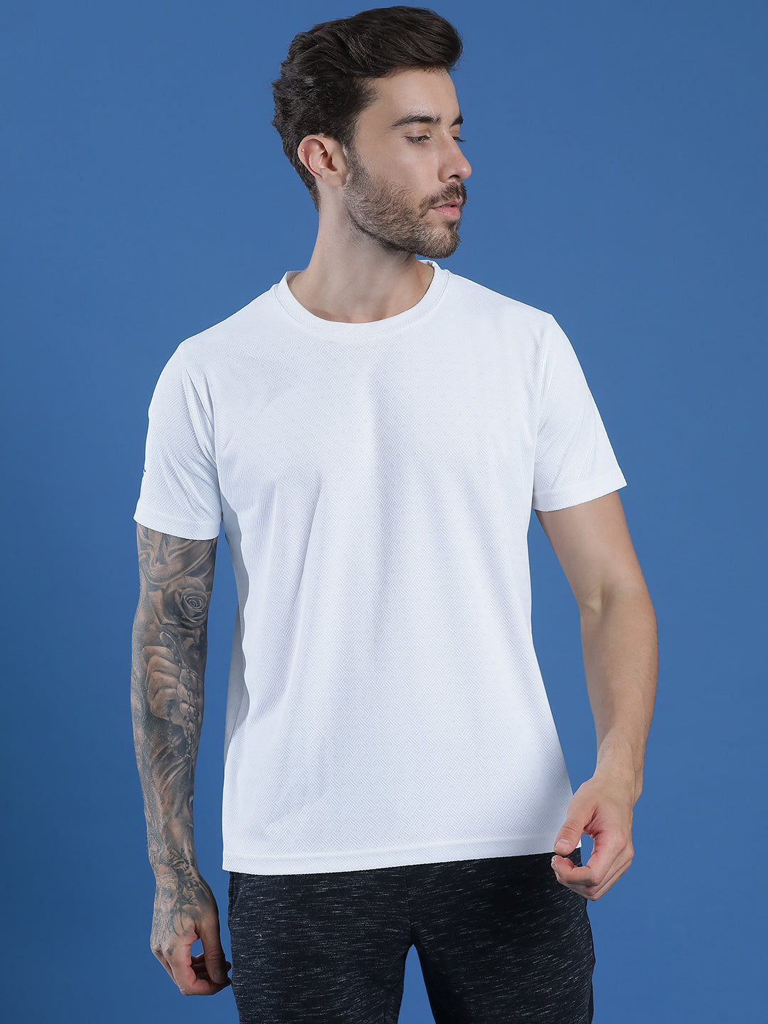 Polyester Jacquard Textured Round Neck Slim Fit Half Sleeve T-Shirt