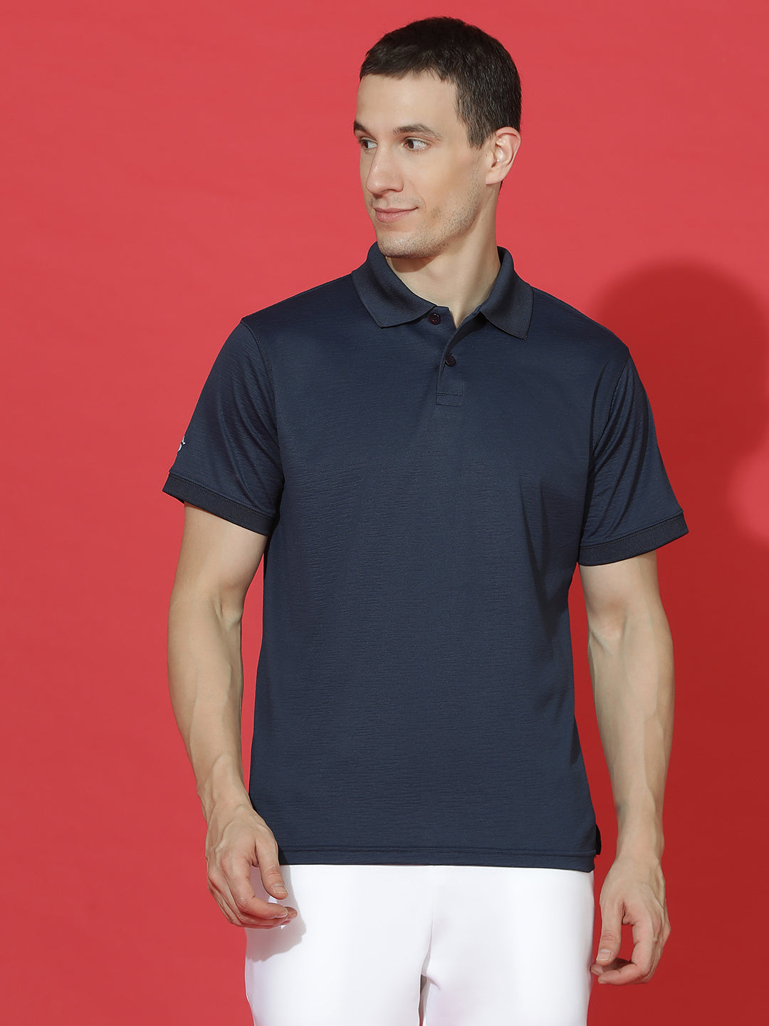 Polyester Lycra Jacquard Textured Polo Neck Half Sleeve T-Shirt