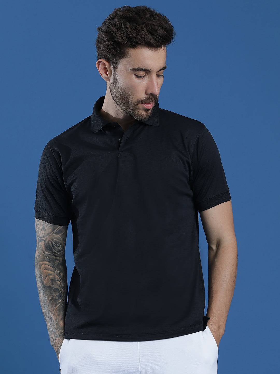 Polyester Lycra Jacquard Textured Polo Neck Half Sleeve T-Shirt