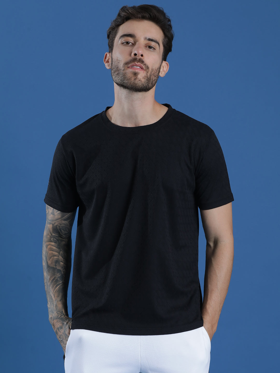 Polyester Jacquard Textured Round Neck Slim Fit Half Sleeve T-Shirt
