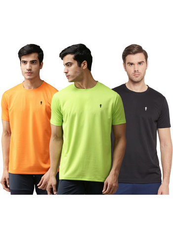 EPPE Solid Men Round Orange Bright Green Black, T-Shirt - Pack of 3