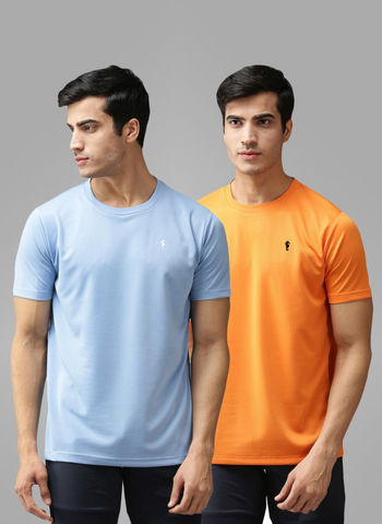 EPPE Solid Men Round Orange, Sky Blue T Shirt - Pack of 2