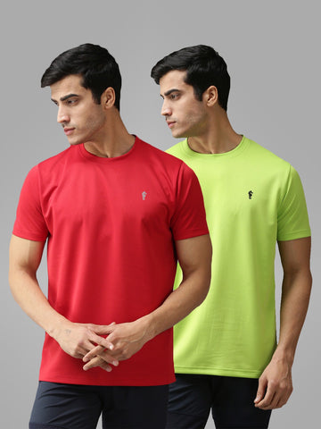 EPPE Solid Men Round Bright Green, Red T-Shirt - Pack of 2