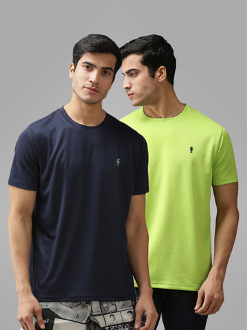 EPPE Solid Men Round Navy Blue, Bright Green T-Shirt - Pack of 2